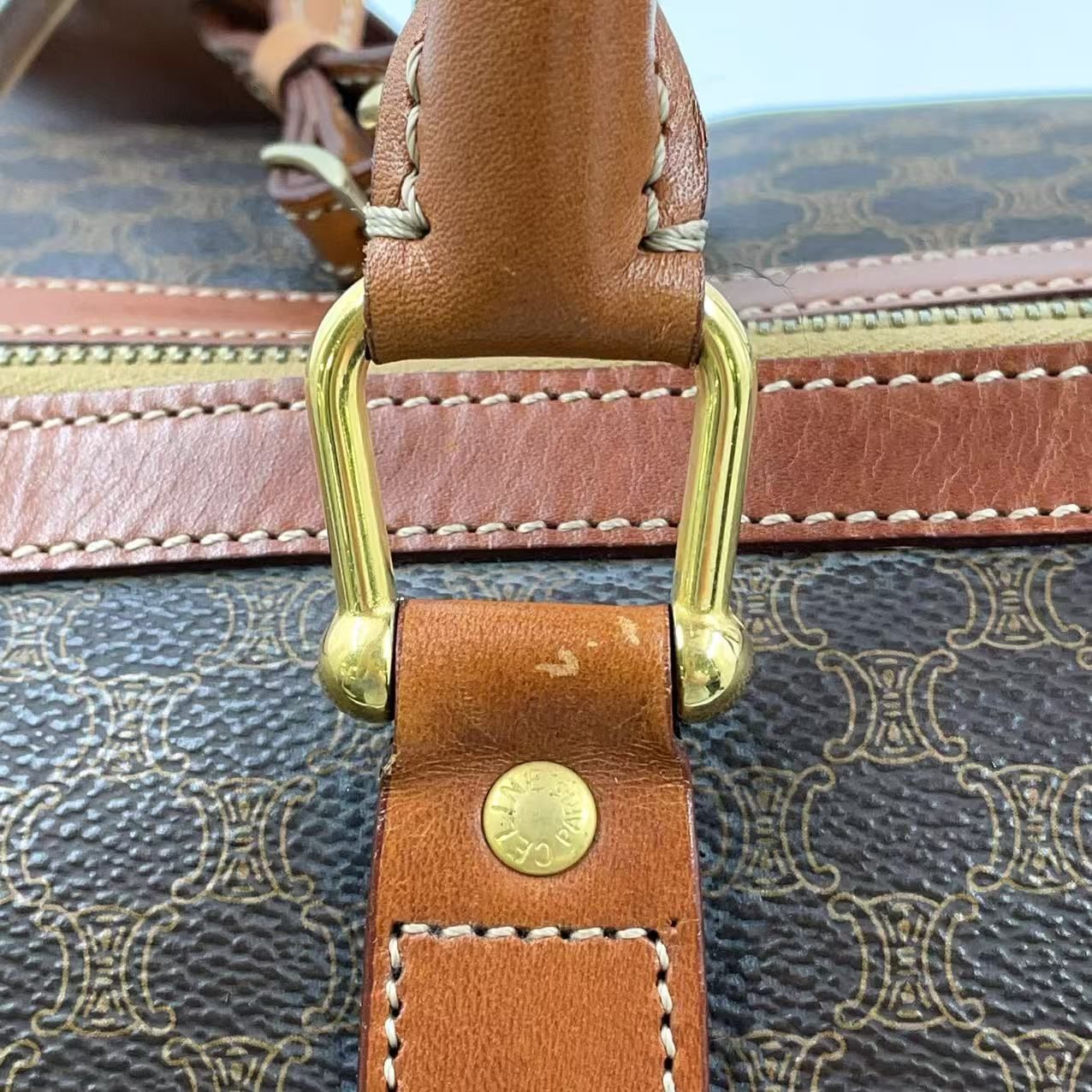 CELINE マカダム柄 レザー×PVC ブラウン ボストンバッグ