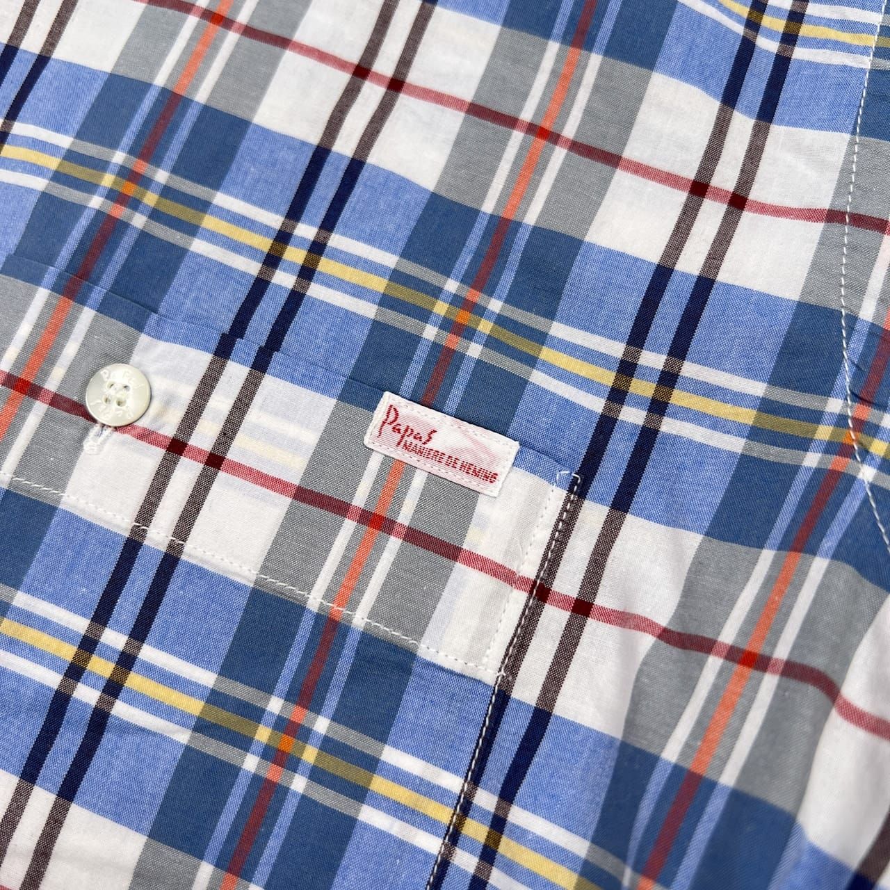 Papas パパス 長袖 リネンシャツ M 青系 / 麻 シャンブレー BDシャツ