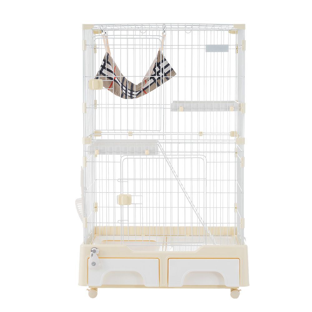 登場 クリームイエロー 2 段式猫ケージ｜猫トイレ内蔵｜キャスター付き移動自在｜ハンモック休憩スペース｜脱走防止設計｜多頭飼い向け｜スチール製キャットハウス｜TX212771DAA