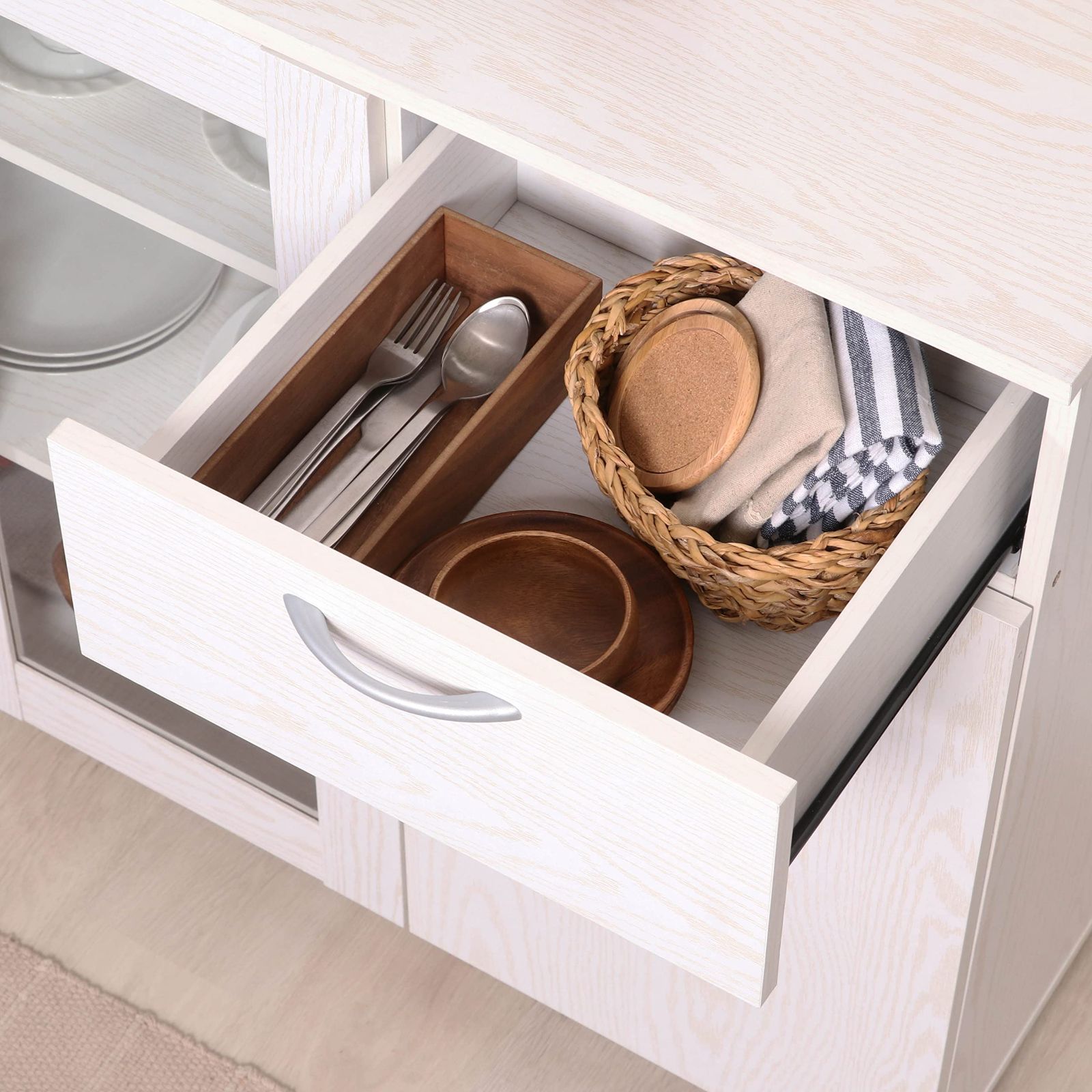 新着商品 キャスター付き 木目調 ホワイト 86963 オーク 幅115.2×奥行39.8×高さ84㎝ キッチン収納 食器棚 不二貿易