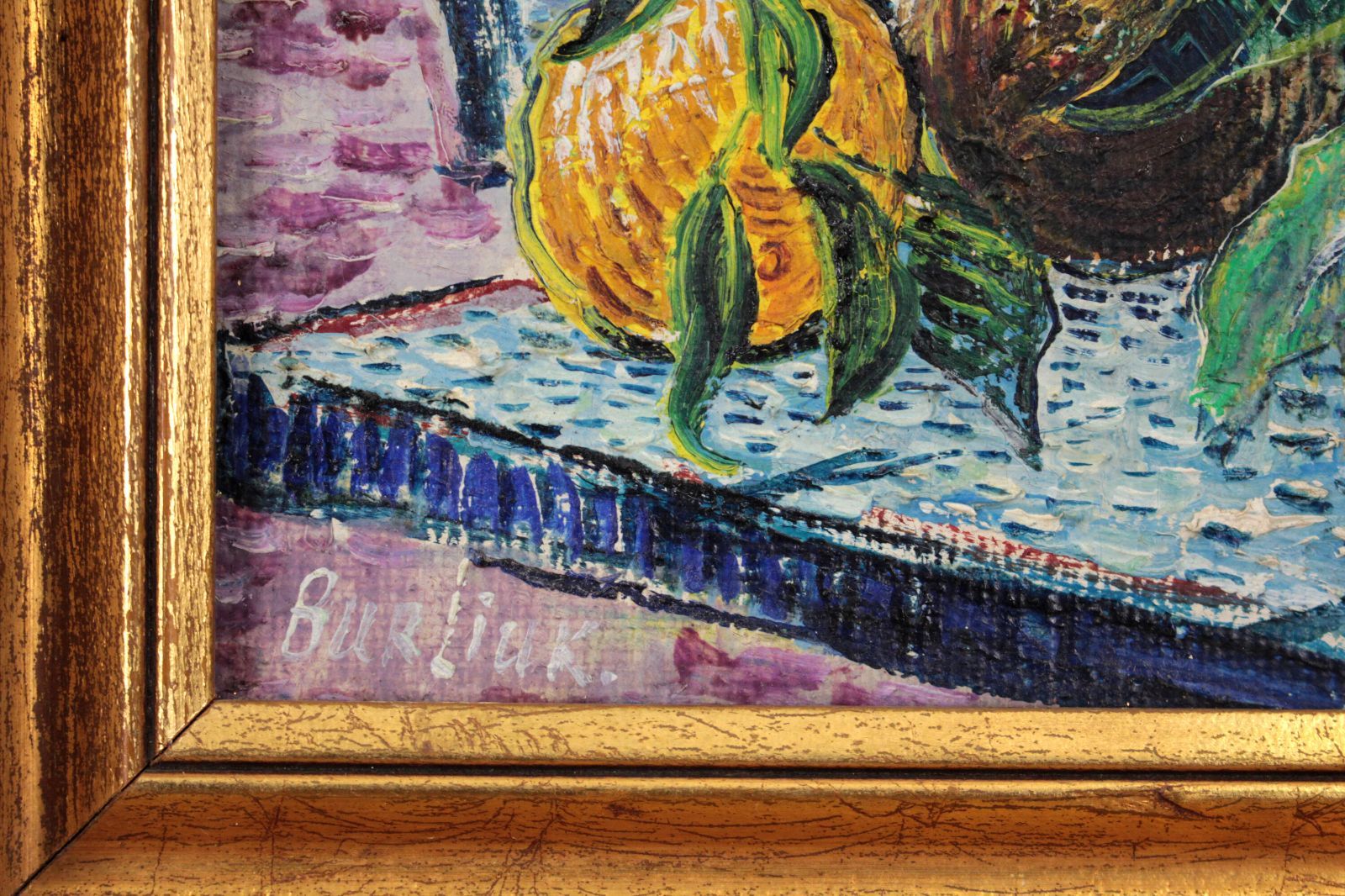 ダヴィド・ブルリューク 「静物と白い家のある景色」 油絵・油彩
