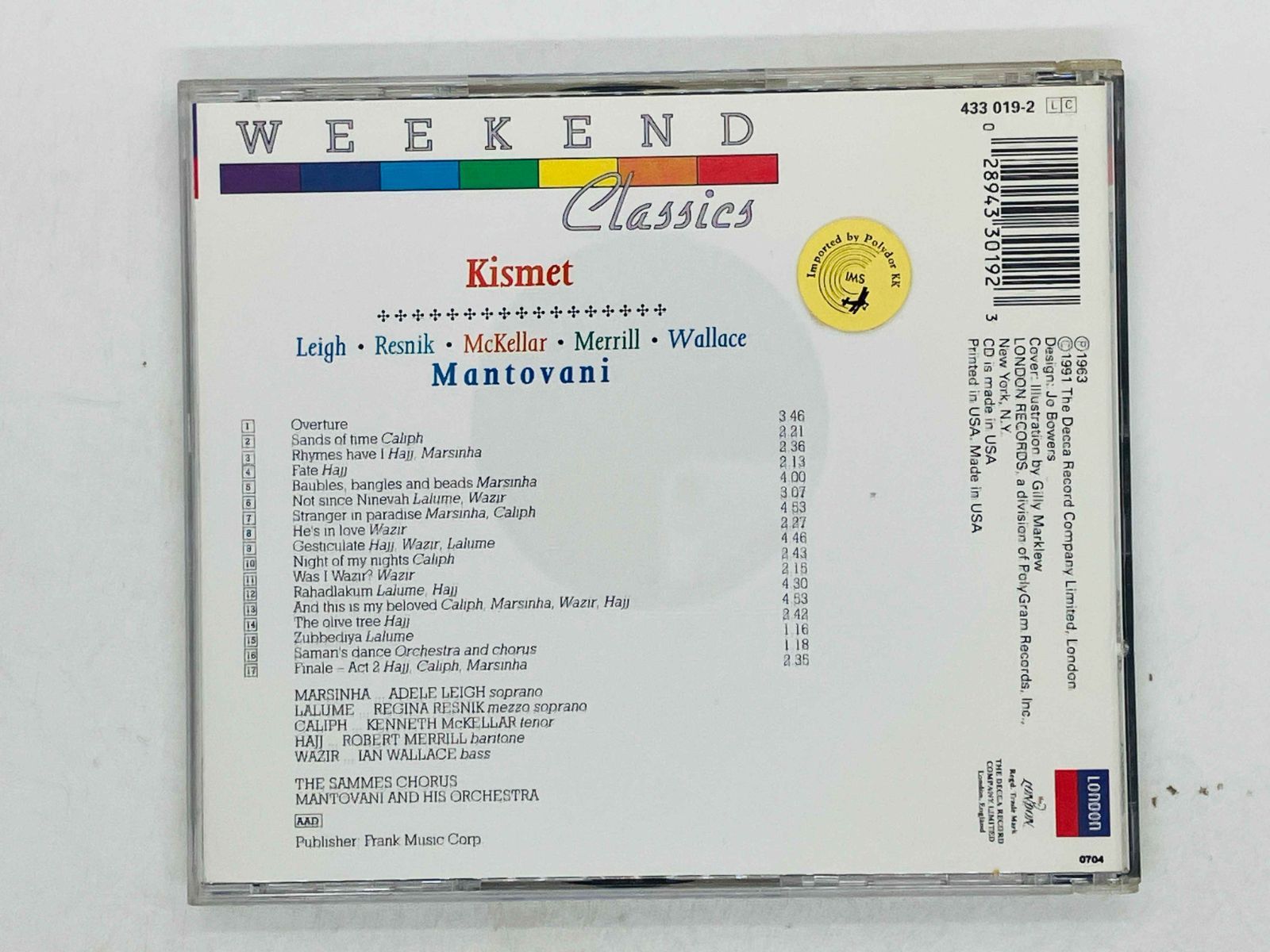 CD KISMET MANTOVANI / WEEKEND CLASSICS / マントヴァーニ キスメット 433 019-2 Z34