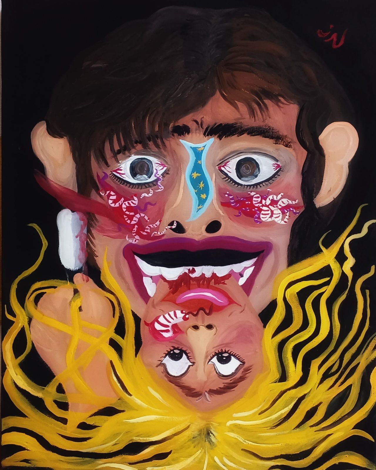 ハート型 青い花だらけのハートの作品 画家　小楠アキコ作品　40×40cm ハート型 青い花だらけのハートの作品 画家 小楠アキコ作品 40×40cm