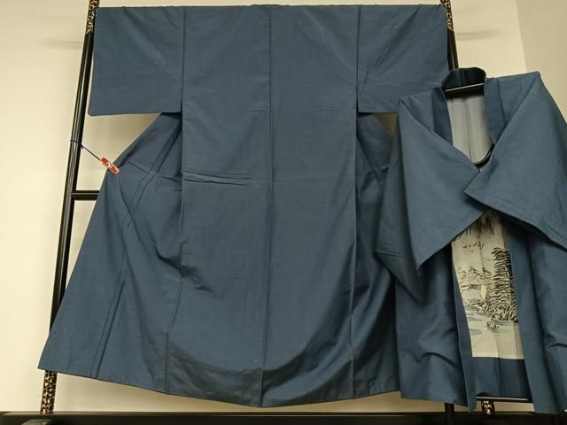 平和屋着物●男性　紬　アンサンブル　色無地　深縹色　正絹　逸品　AAAW9153zg 平和屋着物○男性 紬 アンサンブル 色無地 深縹色 正絹 逸品