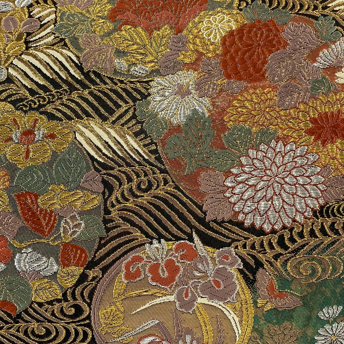 袋帯 市松 蒔絵貝合文 金彩 素敵なデザイン 六通 正絹 T-3884 袋帯 秀品 蒔絵春秋文 金銀糸 箔 金色 六通 正絹 【中古