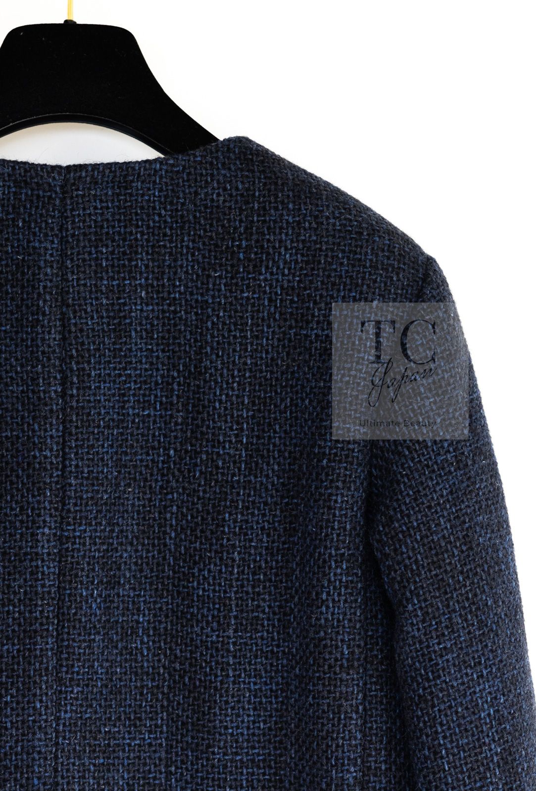 シャネル ジャケット CHANEL ブラック ネイビー クリスタル CC ロゴ ボタン ウール ツイード 永く使える定番スタイル ノー 超 36 SIROKUMA-CORPORATION_COM