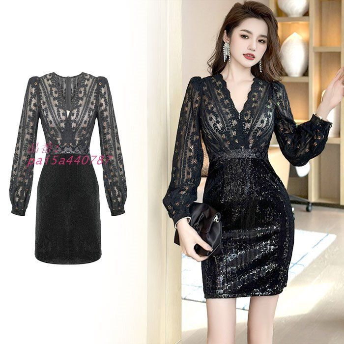 シースルーレース刺繍Vネック 長袖ショートタイトワンピース 黒 キャバ スナック ラウンジ 韓国 レディース 服 色気 pai5a440787