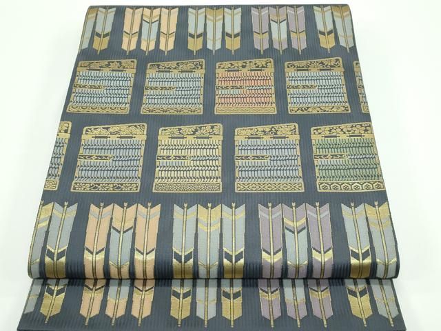 平和屋着物 上 西陣織 陰山織物謹製 箔屋清兵衛 六通柄袋帯 草木染 色目鍼甲冑文 金糸 アイビーグレイ色地 CZAA3914s5