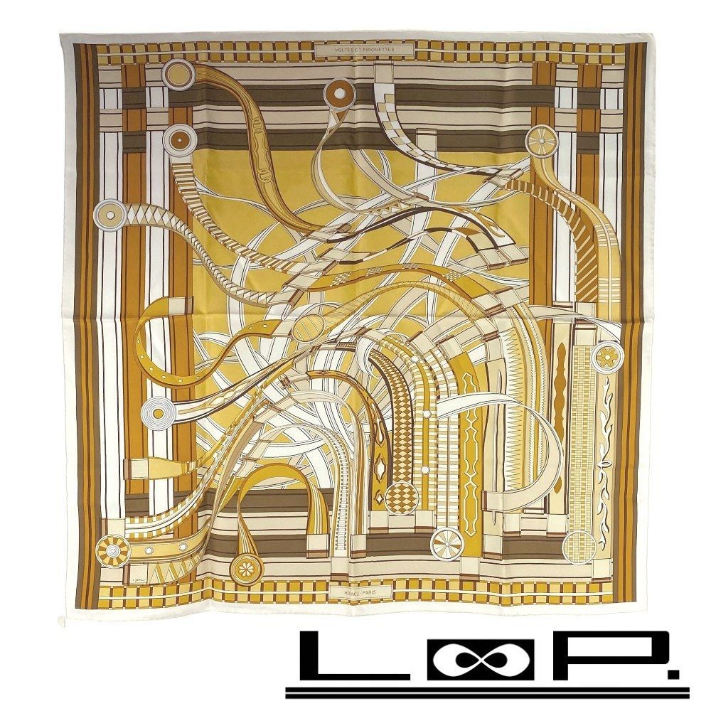 新同 エルメス カレ90 スカーフ VOLTES ET PIROUETTES ヴォルト エ ピルエット シルク ブラウン オレンジ ホワイト 箱 444401 11