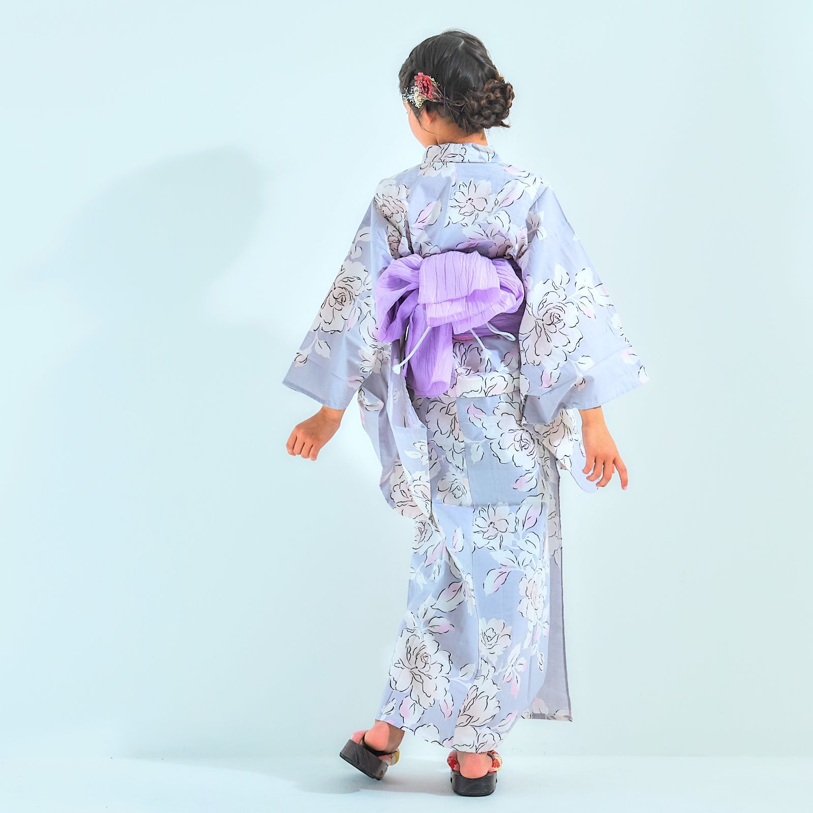 【2点セット】キッズ 子供 浴衣 ゆかた しわへこ 帯とセット ラベンダー 110〜130cm OY4