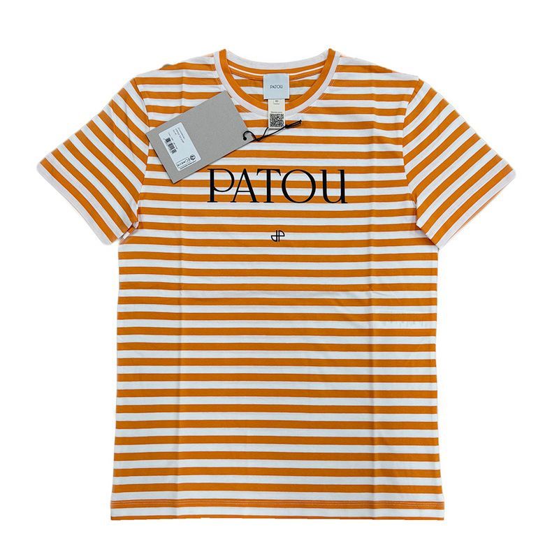 ☆2024春夏入荷☆ PATOU パトゥ JE0329999 オーガニックコットン ボーダー PATOU ロゴ入り Tシャツ カットソー ライトオレンジ×ホワイト