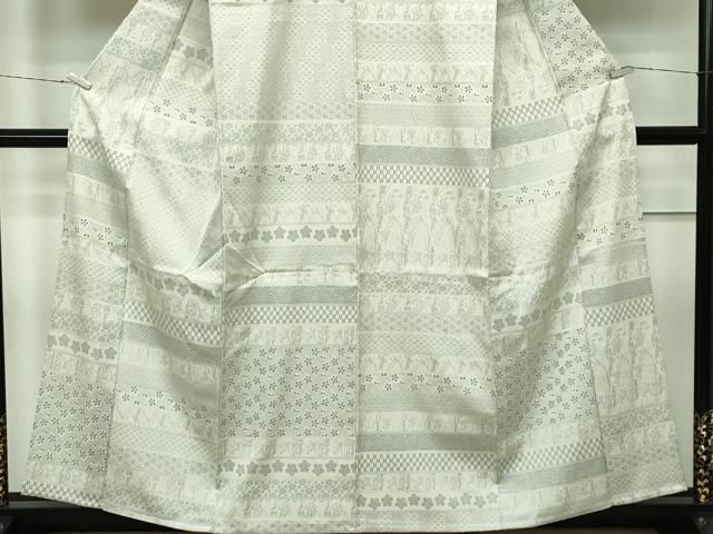 平和屋本店□極上 お召 単衣 鳥獣戯画 白橡色地 やまと誂製 逸品