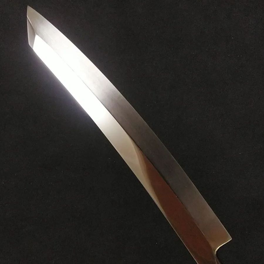 城山刃物製作所 堺業務用刃物メーカー直売 七寸 切付柳刃 手元包丁 商標登録 超鋼スーパー本焼き セミステン 錆びにくい 片鏡面 伝統工芸士山塚忠義氏作 黒檀上下白水牛柄 鞘付き ピン付き