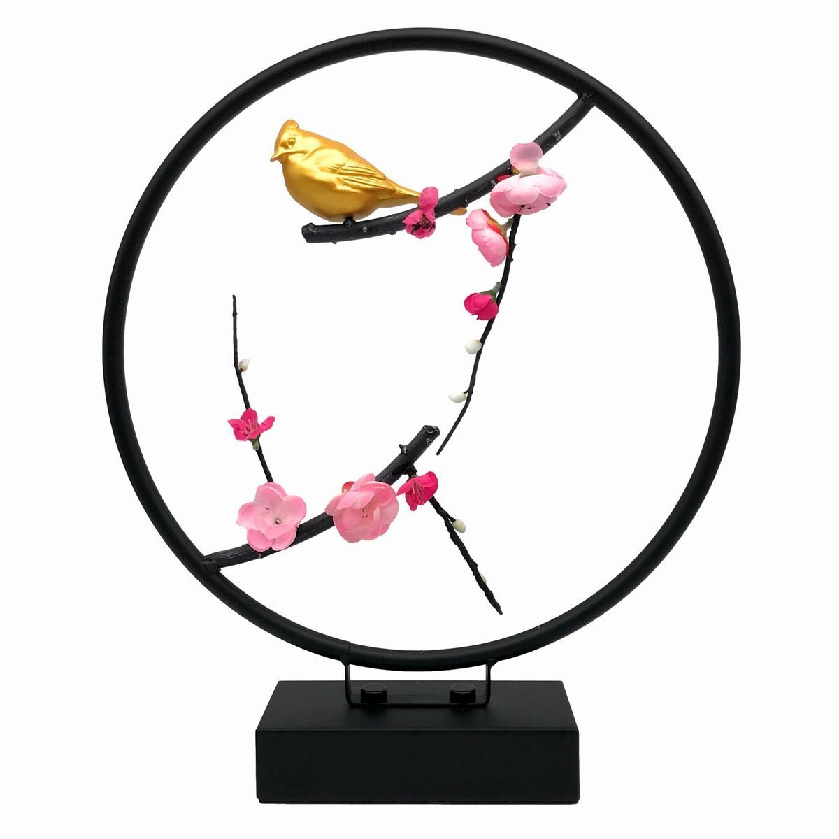 置物 梅の枝にとまる金色の小鳥 リングモチーフ 和モダン (ピンク