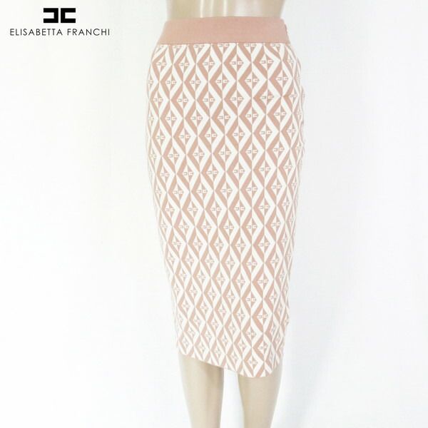 80%OFF エリザベッタフランキ ELISABETTA FRANCHI スカート38 ESK703 XSサイズ ピンクベージュ レディース ニットスカート 膝下丈 ロゴ入り