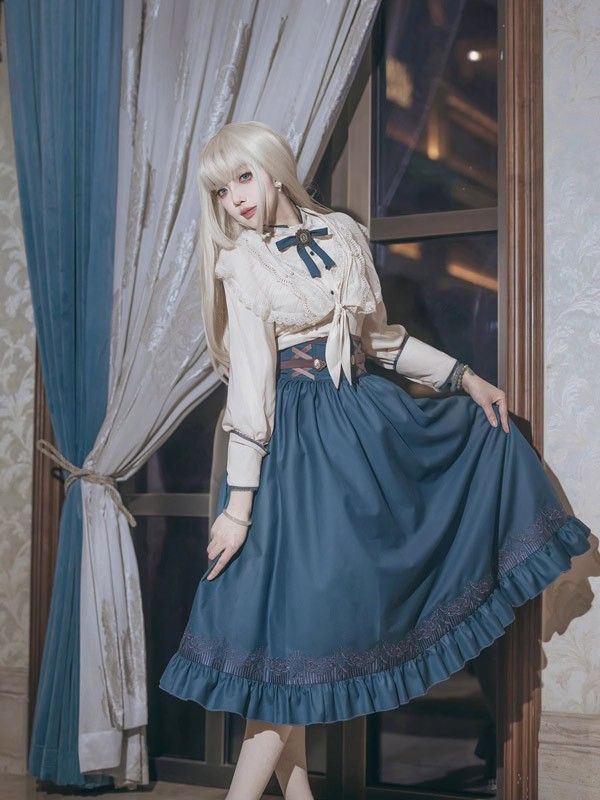 レディース ブラウス ロングスカート イギリス風 長袖 春 秋 学生風 Aライン ハイウエスト 上品 リボン コスチューム 衣装 かわいい 日常着 通学 通勤 お出かけ 仮装 パーティ イベント 小さいサイズ 大きいサイズ ブルー