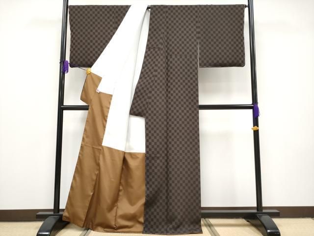 平和屋本店■極上　お召　市松文様　黒×茶色　逸品　未使用　CYAA1759s5 平和屋本店□極上 お召 市松文様 黒×茶色 逸品 未使用 CYAA1759s5