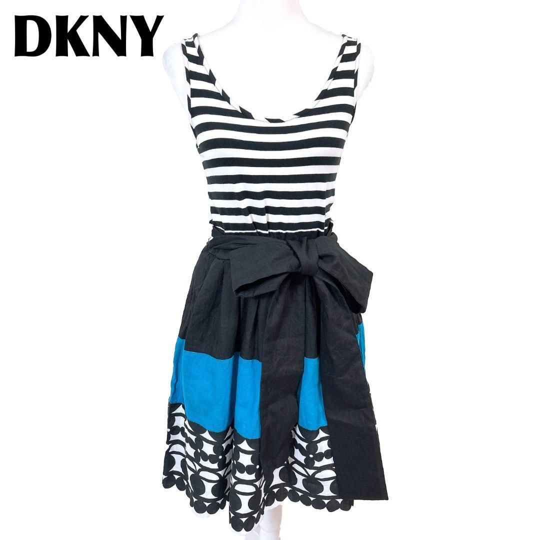 DKNY ノースリーブ ドッキング ウエストリボン紐 4 白×黒×青