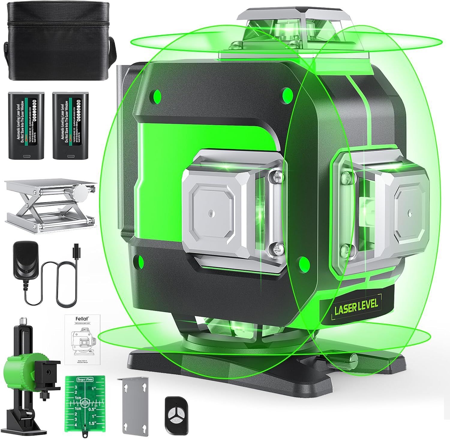 FELLAT レーザー墨出し器 4x360°グリーンレーザー 16 ライン レーザーレベル 自動補正 傾斜モード 5段階輝度調整 Type C充電
