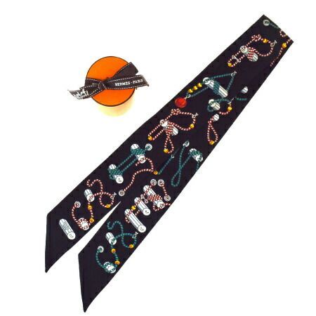 【中古】 美品 エルメス HERMES ツイリー スカーフ ブラック シルク 100% 保存箱付き 04BS366