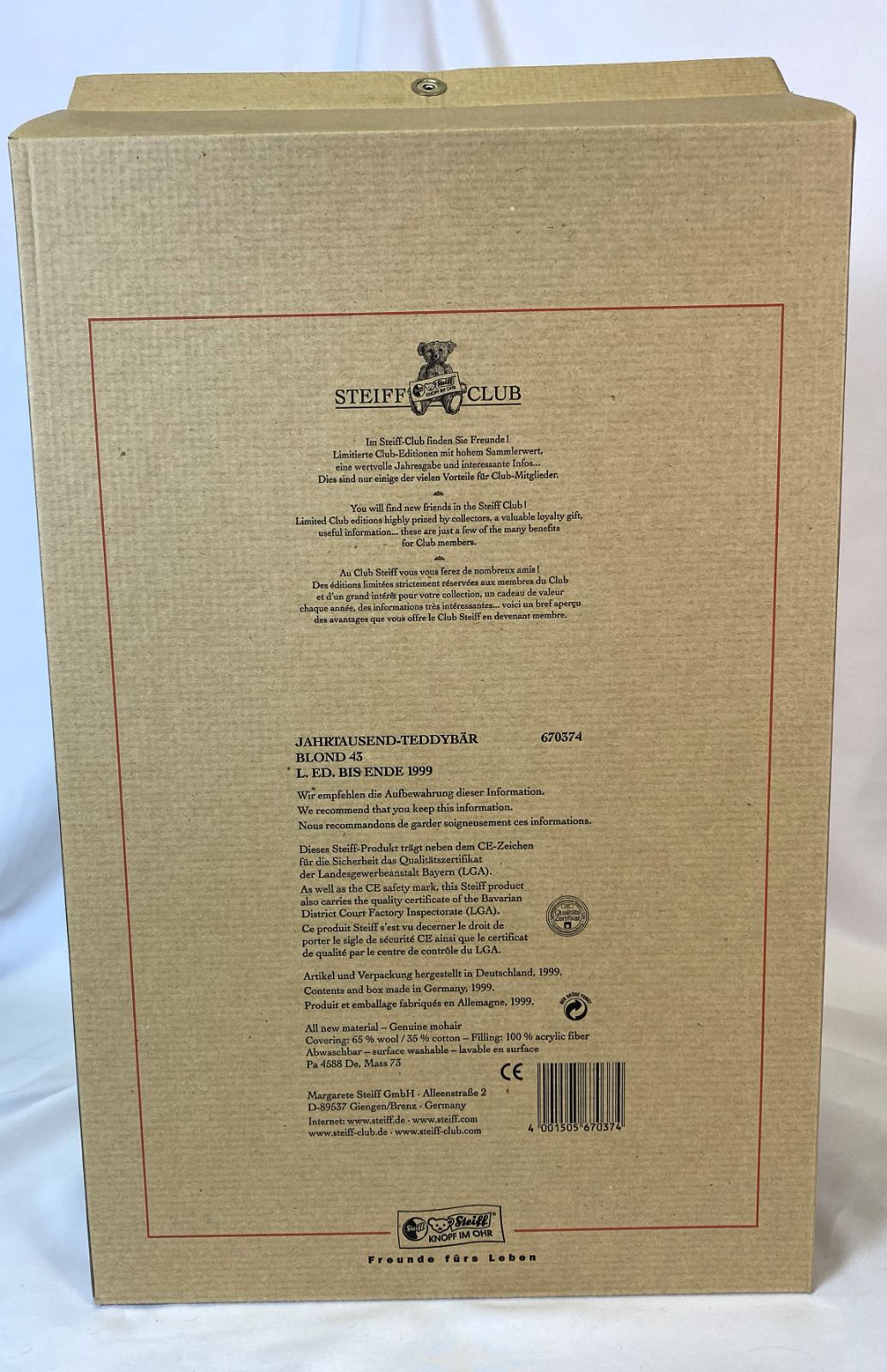 美品】Steiff Jahrtausend Teddybär blond 43 1999 シュタイフ 千年の