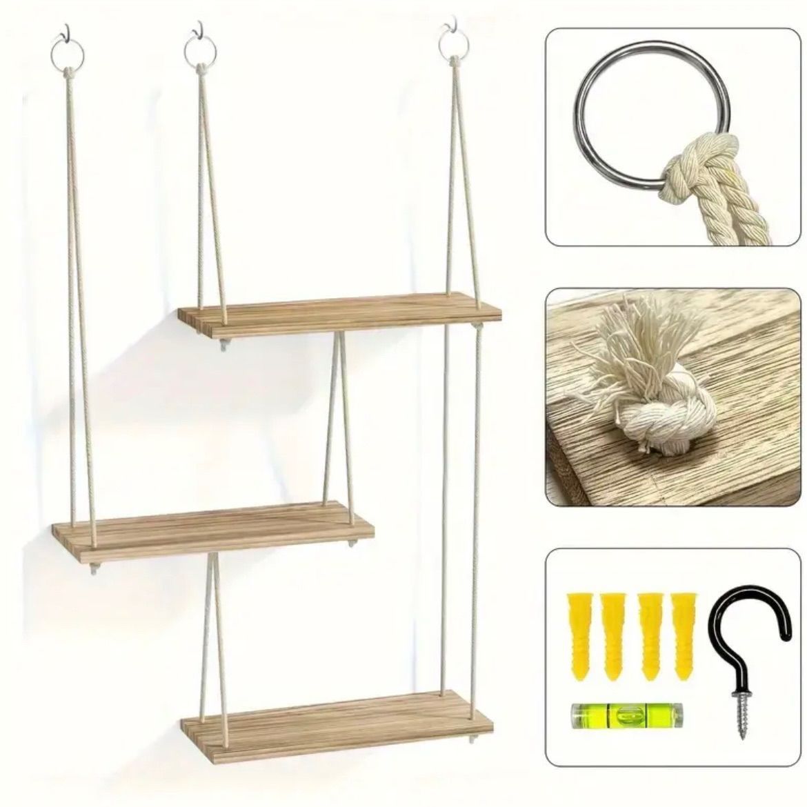 収納 ラック 吊り下げ式 おしゃれ 北欧 ボヘミアンスタイル 三層構造 壁掛け収納 ホームデコレーション用 室内装飾バスケット リビング バスルーム キッチン オフィス ベッドルーム対応 木製デザイン ナチュラル素材 整理整頓用ラック 飾り棚 茶系 ブラウン MARWIL-DEMENAGEMENTS_CH