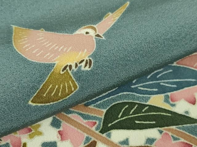平和屋本店□極上 本加賀友禅作家 松島仁司 訪問着 枝花に小鳥 薄花色