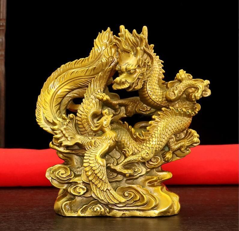新入荷人気美品風水真鍮民俗縁起の良い吉祥龍鳳凰像彫像彫刻