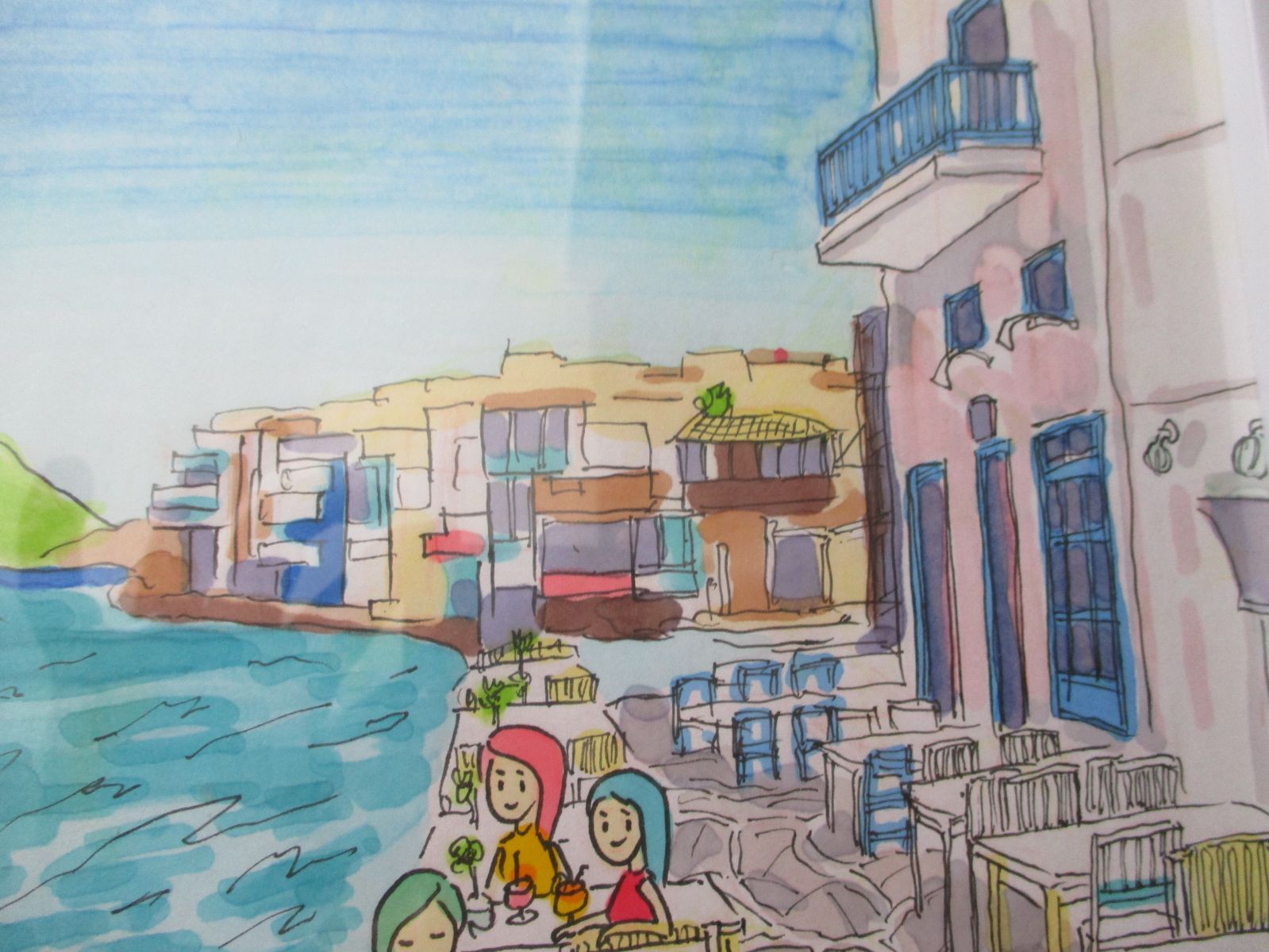 ☆ワールドカフェシリーズ☆【エーゲ海カフェを楽しむガールズ】原画販売 サイズA4 ☆ワールドカフェシリーズ☆【エーゲ海カフェを楽しむガールズ】原画