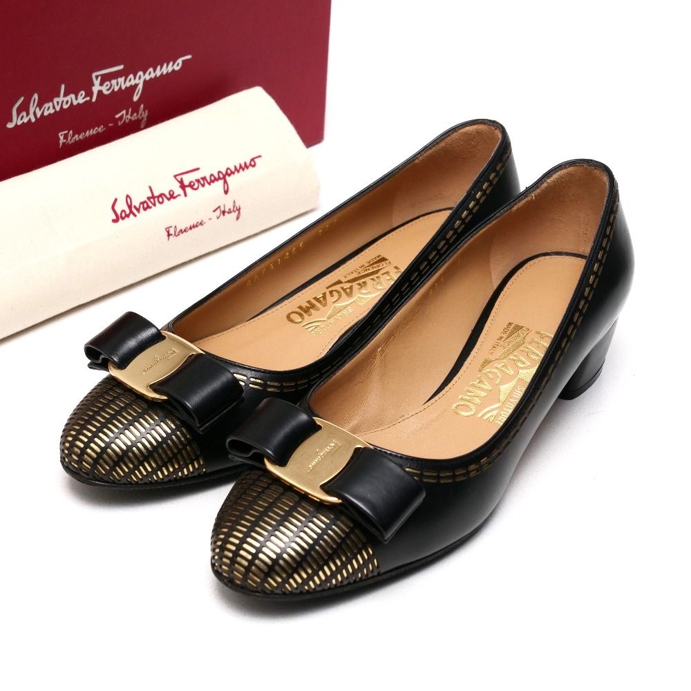 Salvatore Ferragamo サルヴァトーレフェラガモ VARA STITC パンプス サイズ5D ヴァラリボン レザー チャンキーヒール 靴 イタリア製 ブランド古着 20250512|RA4640