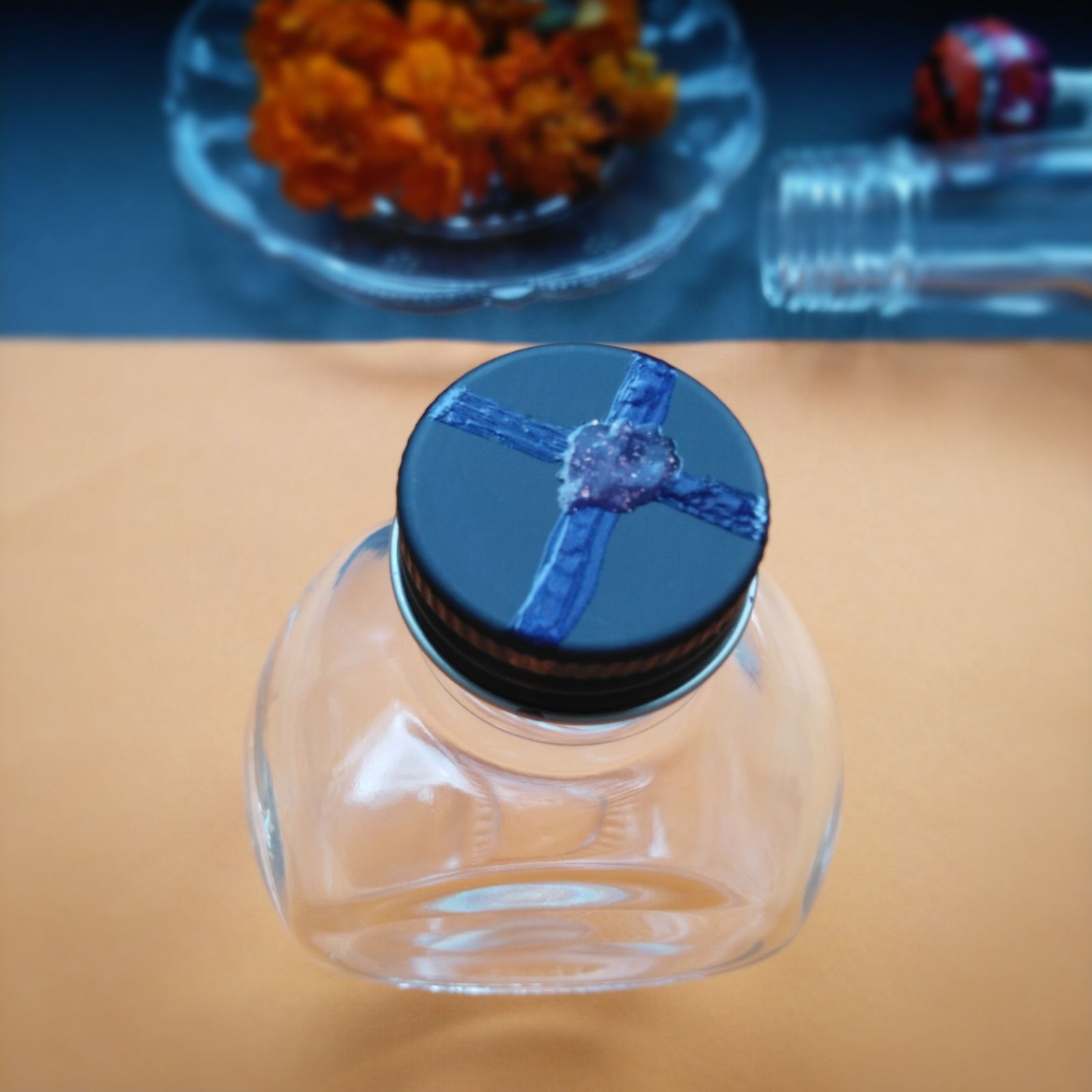 メルカリshops ハーバリウム瓶キャップ パープルリボン オリジナルリメイク