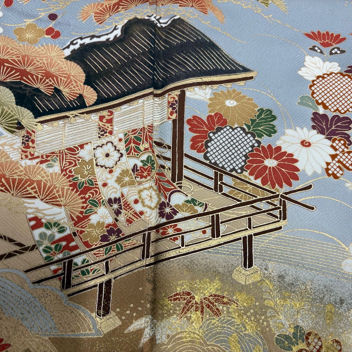 多彩な品揃え。 訪問着 身丈158cm 裄丈64.5cm M 袷 建物 松竹梅 金銀彩 ぼかし 青灰色 正絹