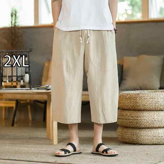 【送料無料，SALE】 [2XL] メンズ ファッション 服 男性用 オシャレ シンプル 大人 かっこいい 大きいサイズ ストリート 紳士服 パンツ サマー リネン クロップド パンツ チャイナ カジュアル ストレート コットン その他
