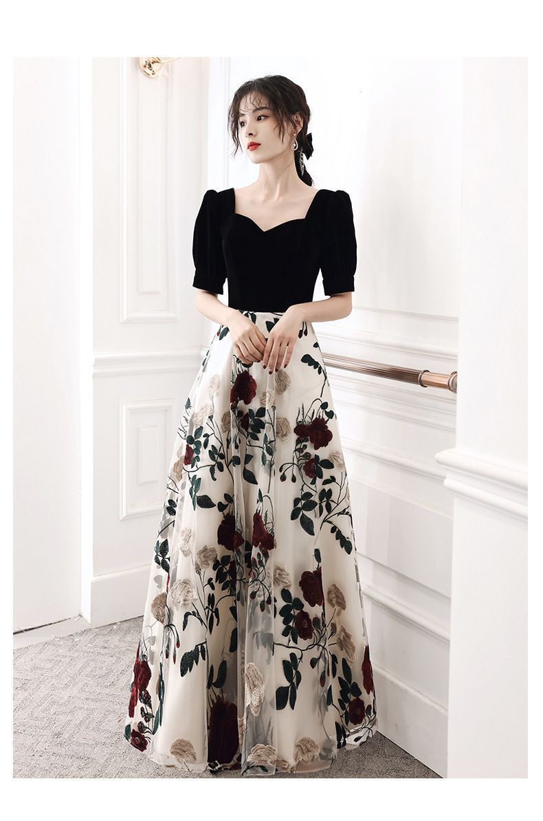 新品☆アドリアナパペル☆ベルベット花刺繍チュールレースドレス黒ブラックフォーマル イブニングドレス 黒 ベロア ベルベット 刺繍 花柄 オシャレ