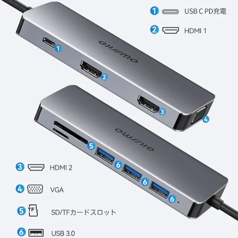 GIISSMO USB C ドッキングステーション 9IN1 USB Type C ハブ タイプC 変換アダプタ 4K HDMI*2+VGA*1  MST機能 3画面モード Thunderbolt 3 100W PD急速充電 - メルカリ