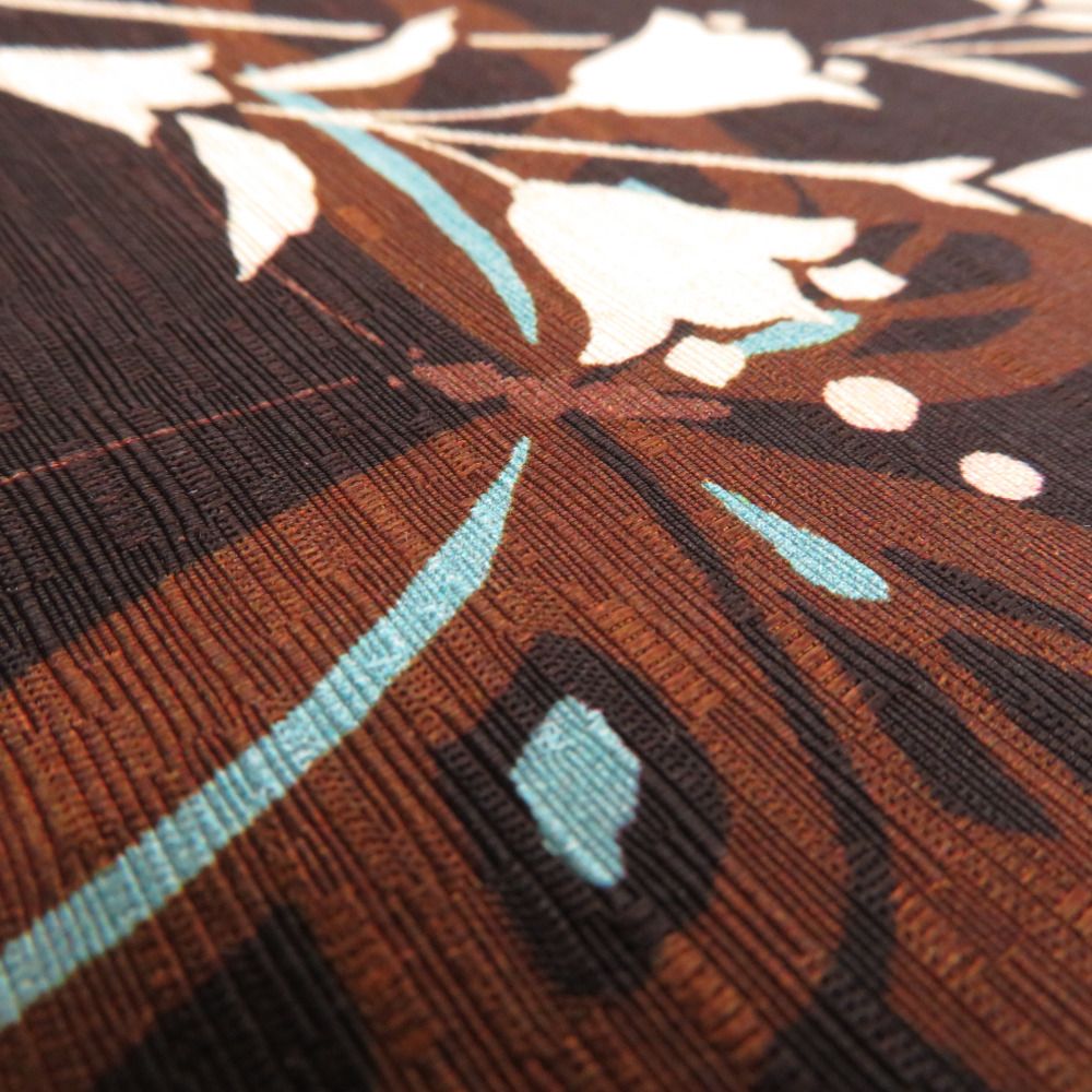 半幅帯 正絹 リバーシブル 黒xライトブラウンxピンク 花模様x