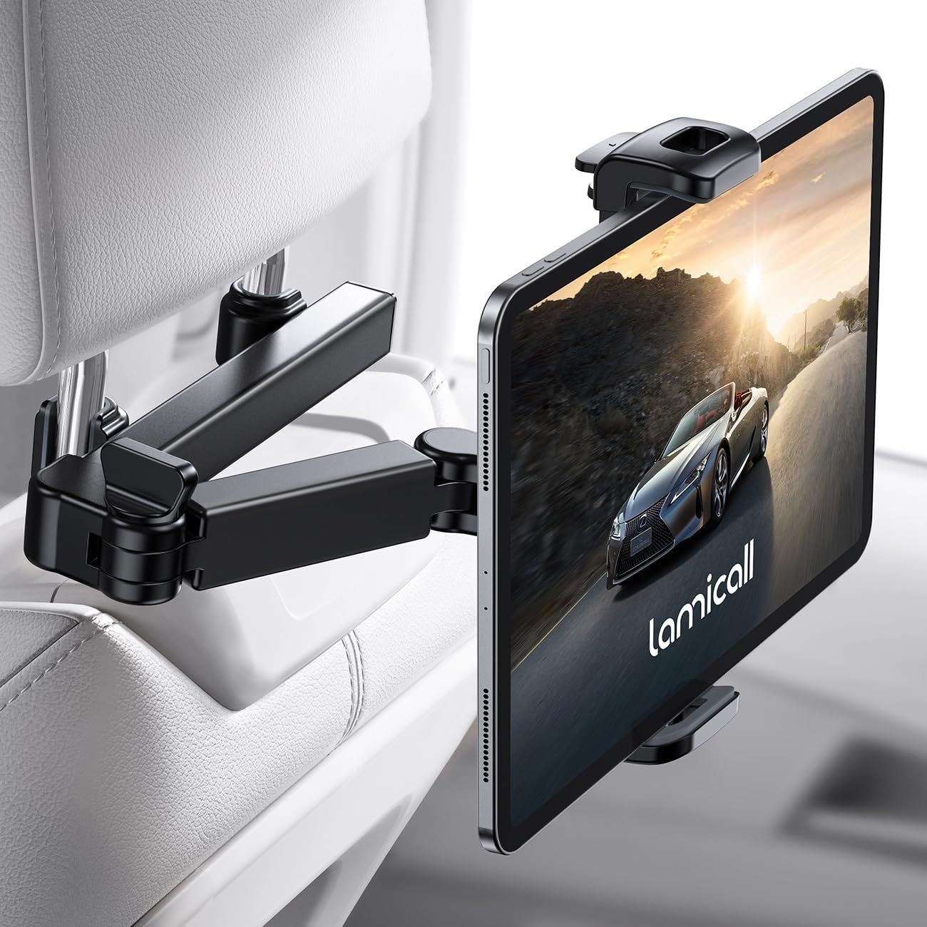ブラック Lamicall 伸縮アーム 後部座席 タブレット ホルダー : ヘッドレスト ipad 車載ホルダー スタンド， バーの適用幅範囲72mm-153mm， ipad 10 第十世代， ipad pro， mini， Air， android， 4.7