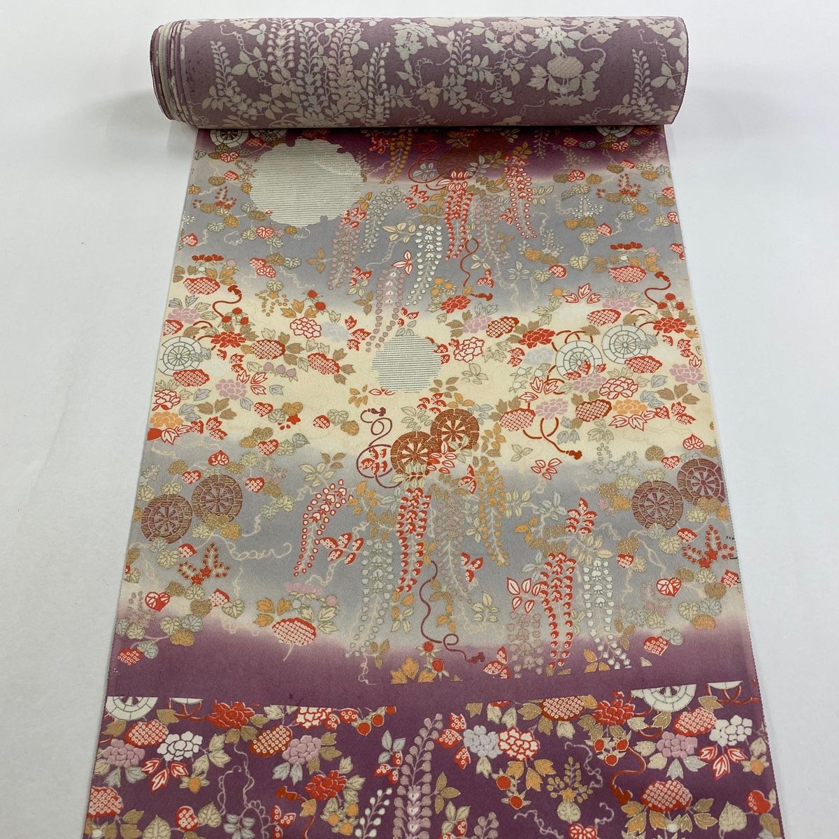 反物 秀品 付下げ 藤 源氏車 金銀彩 染め分け 紫 正絹