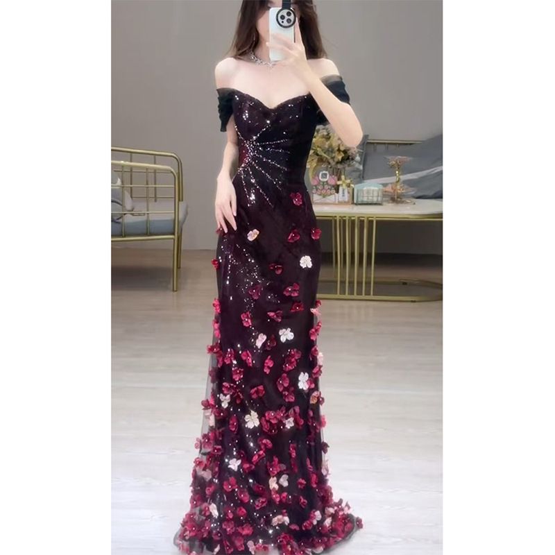 パーティードレス レディース 2025 オフショルダー 花柄 スパンコール 森ガール風 マーメイド ロングドレス 結婚式 演奏会