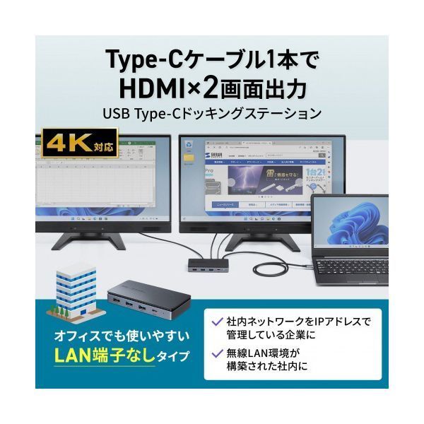 サンワサプライ ドッキングステーション HDMI×2画面出力 LAN端子なし USB-CVDK17 1台