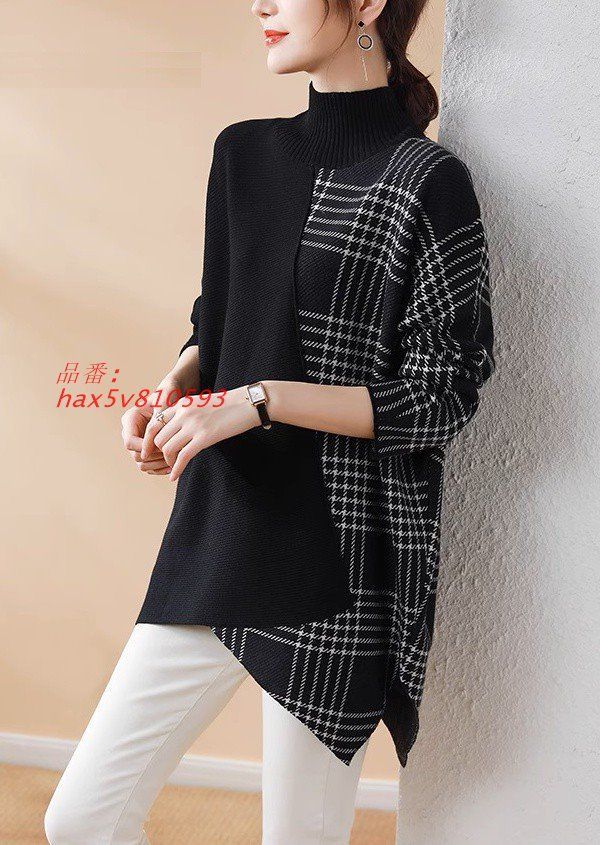 ニット レディース 秋冬 トップス 長袖 チェック 冬 5 L ネック 大きいサイズ3 ゆったり 切り替えトップス 秋 アシンメト 4 体型カバー hax v 810593