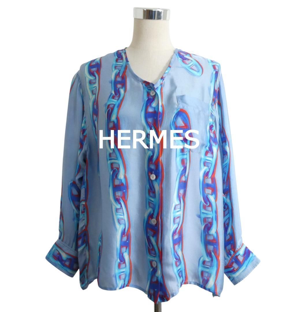 HERMES エルメス シャツ ブラウス シェーヌダンクル 総柄 V HERMES エルメス シャツ ブラウス シェーヌダンクル 総柄 V
