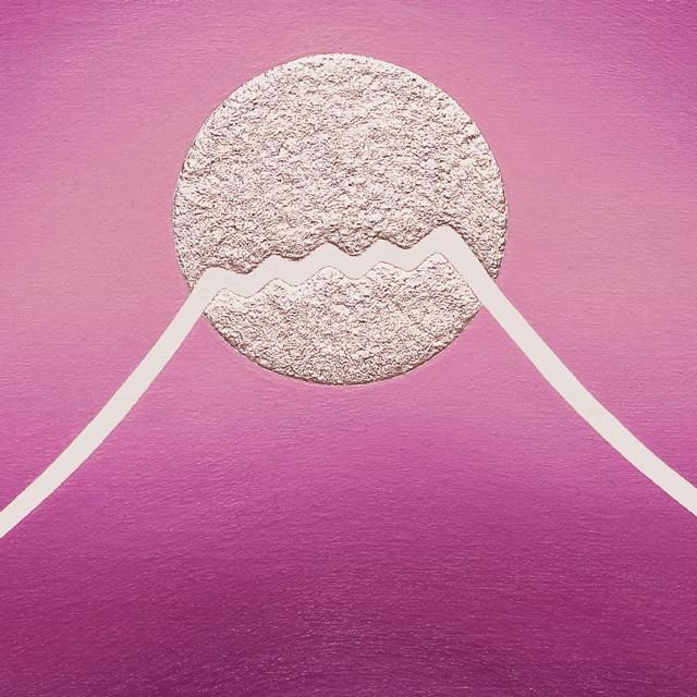 ●がんどうあつし絵画油絵F3号ホワイト額縁付●モーヴ富士山月太陽