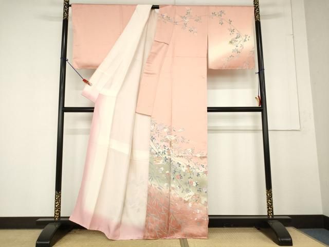 正絹 訪問着 扇子に花柄 袷 小さめサイズ 可愛い 子供着物 紫 花 扇子