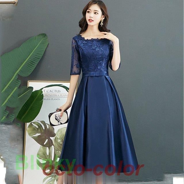 紺色 パーティードレス 40代 50代 サテン 結婚式ドレス 二次会 お呼ばれ Aライン 大きいサイズ ドレス 30代 7分袖 ミモレ丈 ネイビーWP アイテム