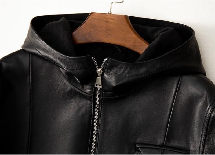 レディース上質 本革↑超ソフトなラムレザージャケット黒 帽子付ラムレザーコート