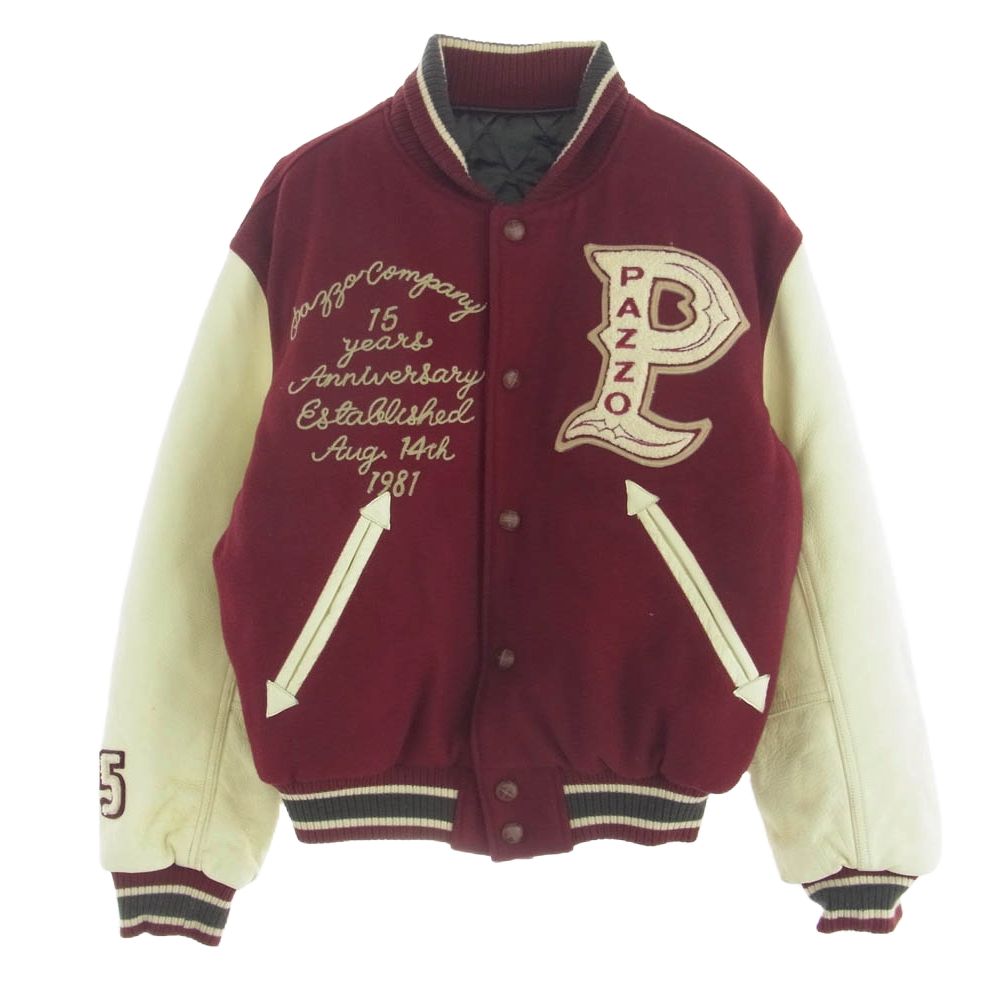 パッゾ PAZZO　 レザー アーム ウール スタジアム ジャケット スタジャン ワインレッド系 オフホワイト系 44【中古】