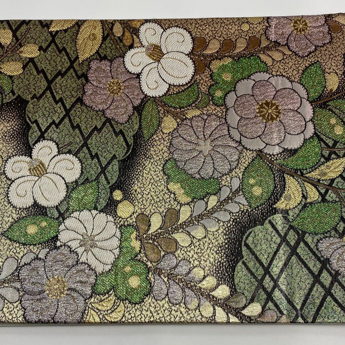 松葉紋　松皮菱　唐織袋帯　正絹 袋帯 美品 秀品 草花 松皮菱 刺繍 箔 墨色 六通 正絹 【中古