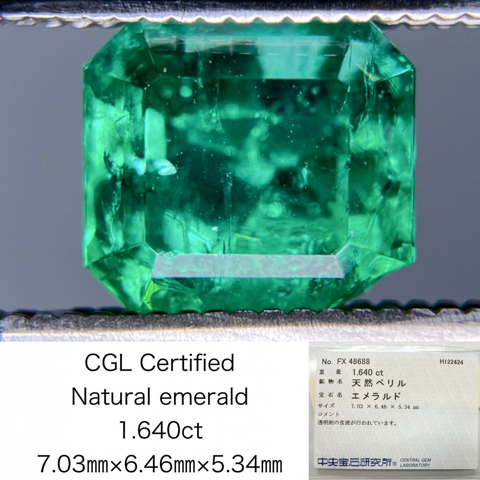 エメラルド 1.324ct 中央宝石ソーティング付き 6.92×6.81×4.31 ルース（ 裸石 ） 3651S