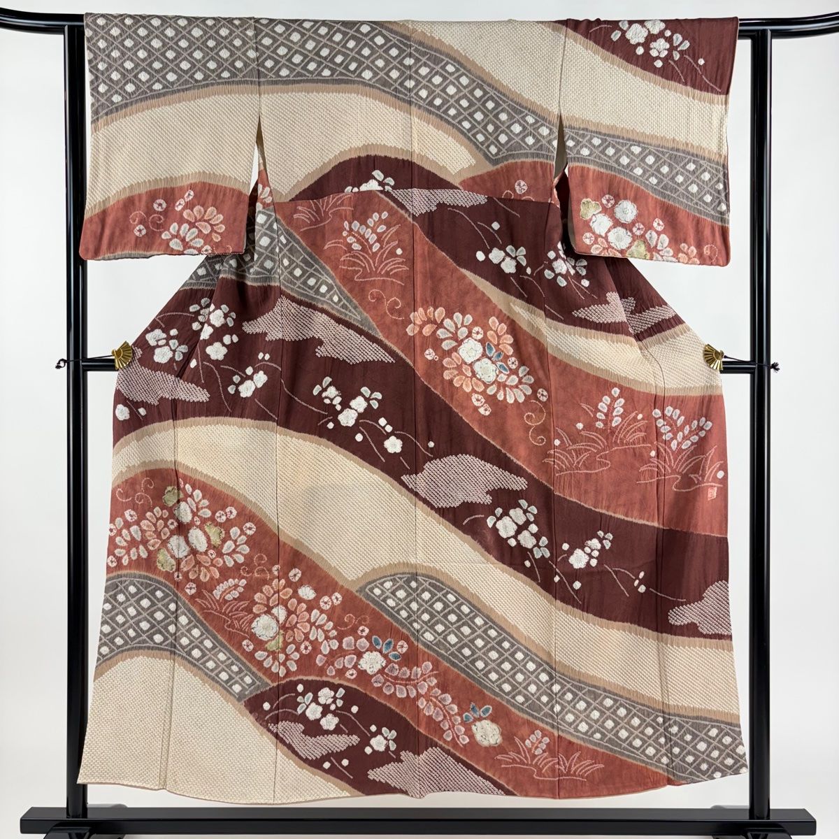 訪問着 身丈150.5cm 裄丈62cm S 袷 滝泰 落款 草花 霞 絞り 赤茶 正絹 名品